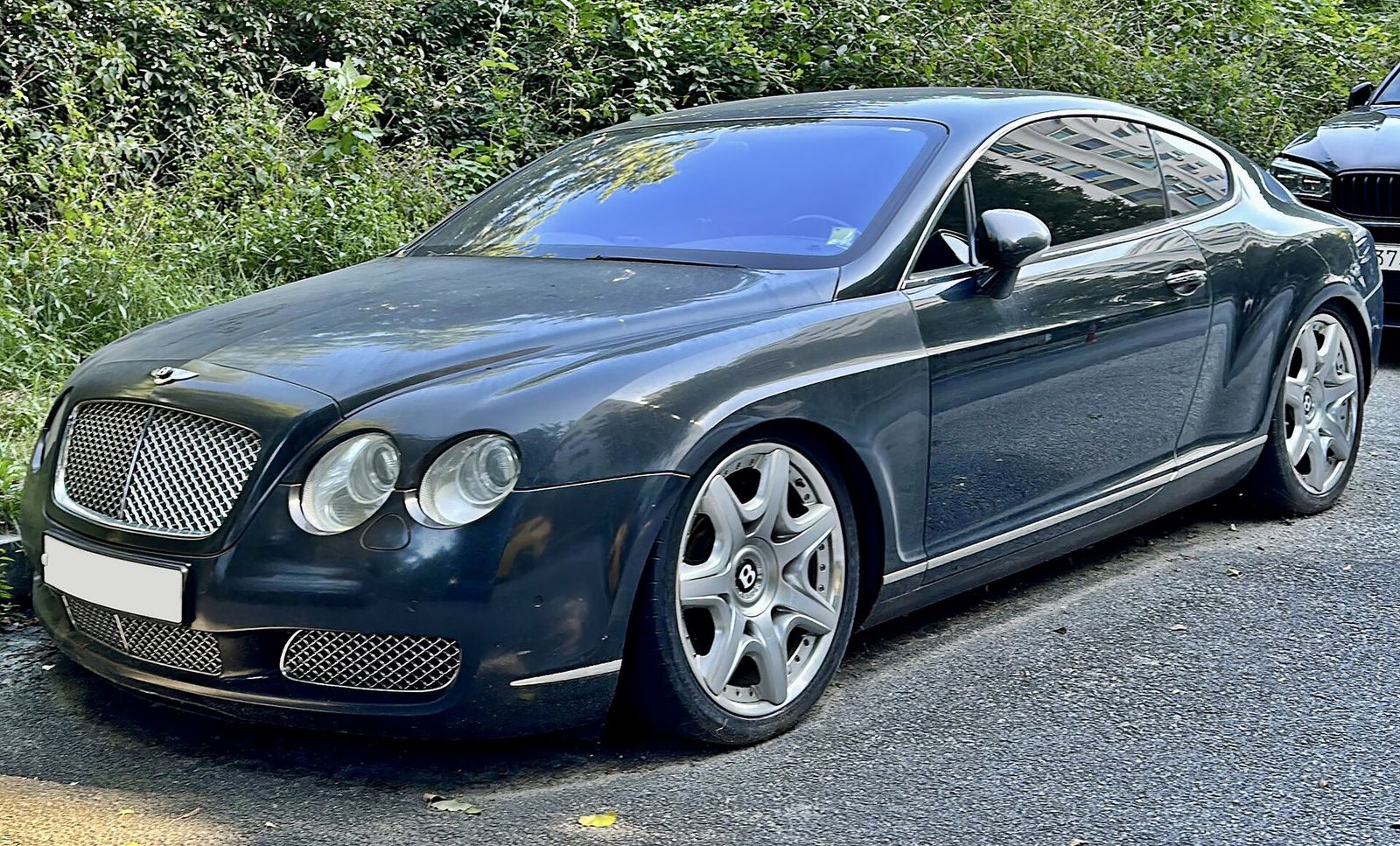 Dark grey 2004 Bentley Continental GT coupé parked beside a hedge, seen from the front